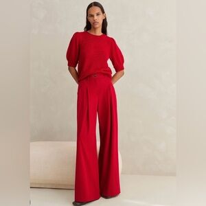 ME+EM 2 Scarlet Red Statement Twill Wide-Leg Trouser Pant EUC High Waist